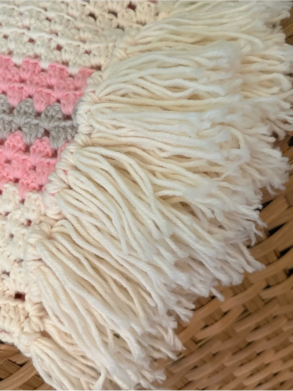 Handmade Cream and Pink Crochet Fringe Throw Blanket by